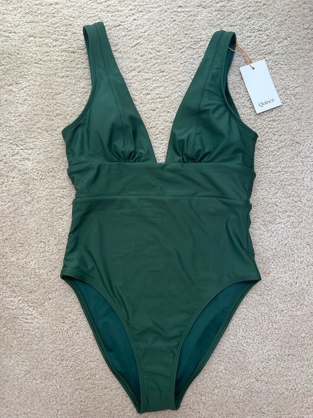 NEW Quince Italian Plunge One Piece Swimsuit Bathingsuit Palm Green V Neck Wom S